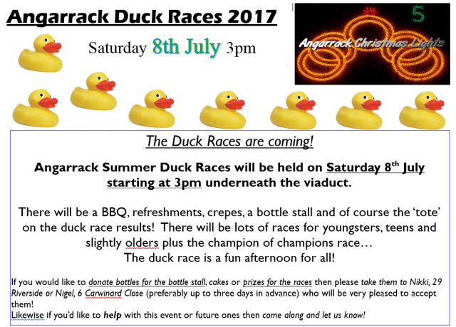 Angarrack Summer Duck Races will be held on Saturday 8th July starting at 3pm underneath the viaduct