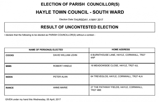 Hayle South - Result of Uncontested Elections | Hayle Town Council elections 4th May 2017
