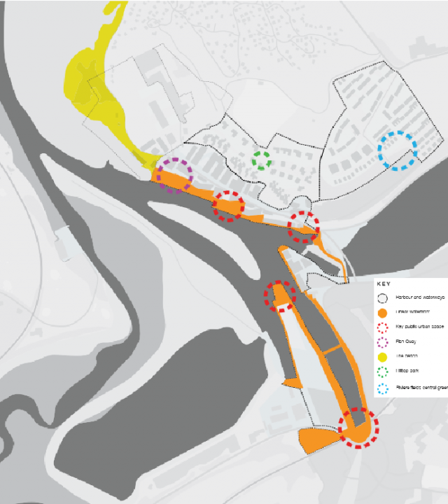 Key stretch of ‘Linear Waterfront’ connecting the town to the beach  and also two key areas identified within the Design Code - North Quay Entrance Space (3E), North Quay Waterfront Space (3F)